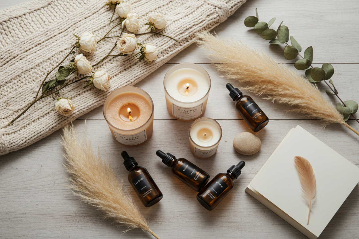 Bougie et bien être, bougie parfumée Ambiance allumée, décor zen avec plantes et galets.